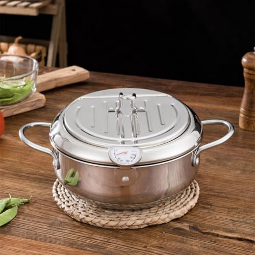 Friteuse en acier inoxydable 304 avec couvercle, grille d'égouttement d'huile et thermomètre pour contrôle de la température – Capacité de 3,2 L pour plaques à gaz, induction et électriques (201 + 20