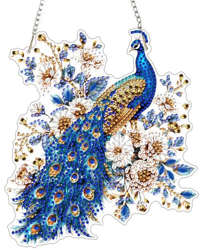 AIRDEA DIY Peacock Diamond Art Ornament Kit for Adults, Double-Sided Sparkling Flowers Diamond Painting Hanging Kit, DIY Acrylic Special Shaped Drills Hanging Suncatcher 8x7 inch