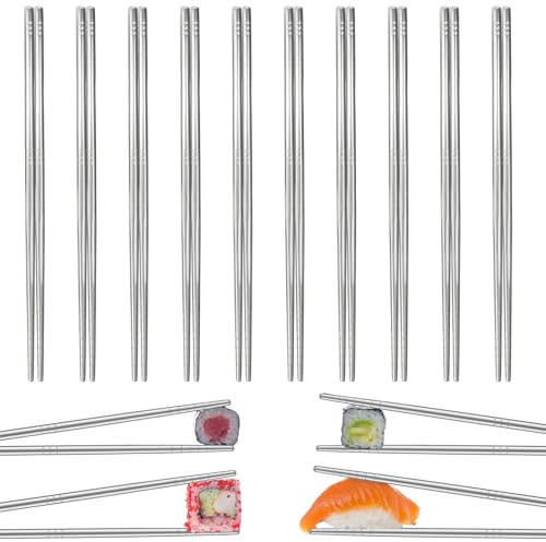 Maxmoc 10 Paar Essstäbchen Edelstahl,23 cm Stäbchen Zum Essen | Spülmaschinenfest,Wiederverwendbar,Anti-Rutsch Design–Perfekt für Koreanische,Chinesische Cuisine und Japanische Sushi