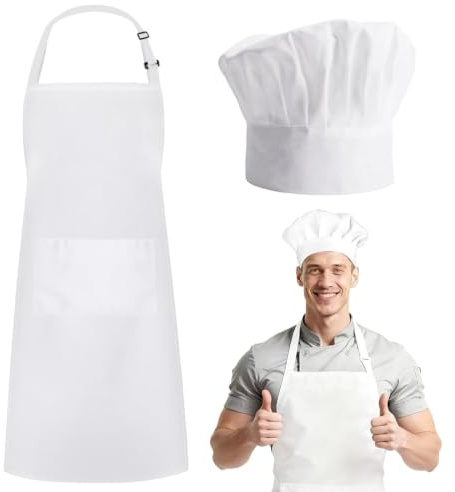 RQcMid 2 Stück Kochmütze Schürze Set, Weiße Schürze Mit Zwei Taschen, Verstellbare Latzschürze Kochschürze, Männer Frauen Koch Kostüm Für Professionelle Küche, Restaurant Und Haushalt