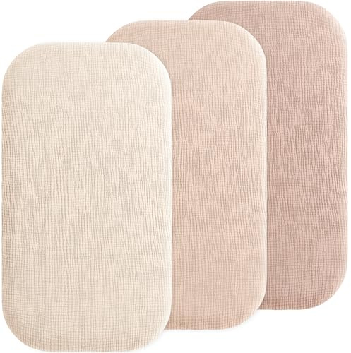 Susurration Juego de 3 sábanas bajeras ajustables de muselina de 83 x 43 cm, 100 % algodón, protector de colchón para cochecito (crema arena)