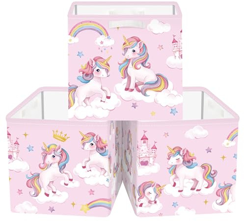 HUUMONSS 30cm Aufbewahrungsbox 3 Stück Einhorn Regenbogen Aufbewahrungskorb Kinder Faltbar Wolken Stern Aufbewahrungswürfel Organizer für Spielzeug Bücher Kleidung, Krone