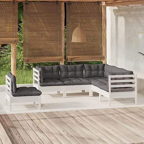 Mokuyary 5-TLG. Trädgårdsloungeset med kudde, vit furu, trädgårdsmöbelset, utomhus, balkongset, terrassmöbler, trädgårdslounge, sittgrupp för terrass, balkong, trädgård -F