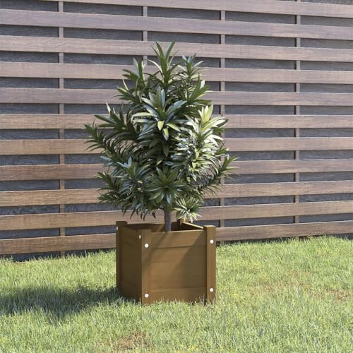 ULUYYUC Fioriera in legno massiccio marrone miele, 31 x 31 x 31 cm, per balconi, aiuole da giardino, salvaspazio, per terrazze e salotti