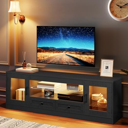 148 cm Schwarz TV-Schrank für 55/60/65-Zoll-Fernseher mit Schubladen, Leuchten, Fernsehtisch, Gaming-Entertainment-Center, Lowboard mit verstellbarem Glasregal, Stand für Wohnzimmer, Schlafzimmer