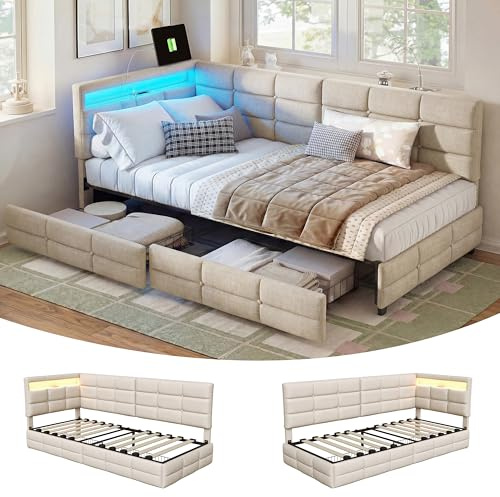 BPKADHY Polsterbett Schlafsofa 90x200 mit LED-Beleuchtung & USB-Ladestation, Jugendbett Tagesbett mit Stauraum & 2 Schubladen, Gästebett Bettgestell mit Lattenrost, Leinen Beige