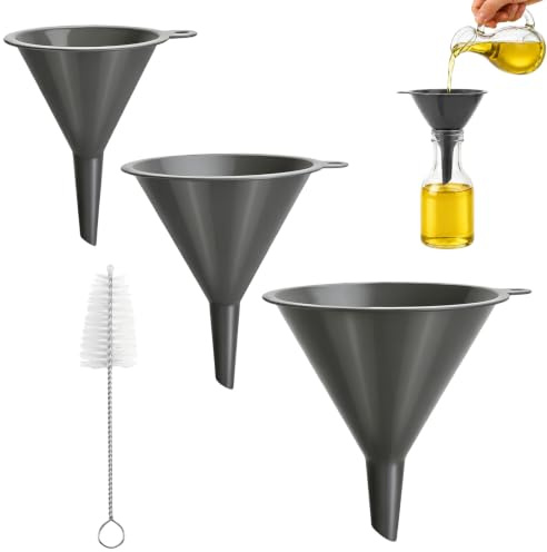QGGTQG Juego de 3 embudos de cocina de plástico, diámetro de 73/98/118 mm | Con ojal para colgar y cepillo de limpieza sin BPA para cocina, mermelada, aceites de cocina, líquidos, líquidos de coche