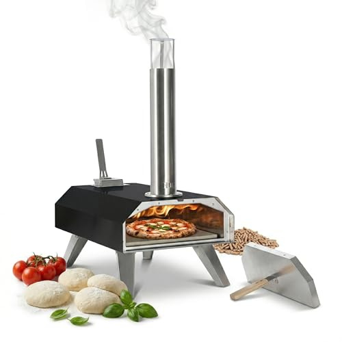 Relaxdays Forno pizza a pellet da tavolo, 400°C, pizza in 90 s, nero | 72x36x68 cm, con pietra, per esterni, acciaio