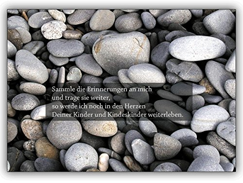Personalisierte 12 Stück Trauer-Anzeigen: Kiesel innen ihr Text. Motiv:Sammle die Erinnerungen an mich und trage sie weiter. mit klassisch gestaltetem Text innen - zzgl 12 Papier Einleger weiß