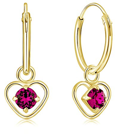 DTPsilver® KLEINE Creolen Ohrringe 925 Sterling Silber Gelb Vergoldet mit 3 mm Swarovski® Elements Kristall - Herzform - Mädchen - Dicke 1.2 mm - Durchmesser 12 mm - Viele Farben erhältlich