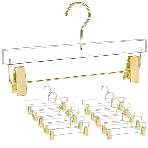 Besser Gold Acrylic Hangers,10 Pack Clear Hanger with Gold Hook,Luxurious Skirt Pants Hangers Clips for Clothing Closet Storage