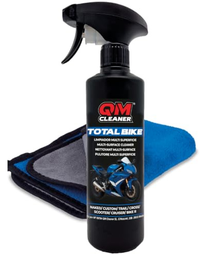 QM Cleaner - Total Bike Nettoyant multi-surfaces pour motos | Kit de nettoyage à sec pour mots et vélo - Comprend un microfibre - Sans cires ni silicones