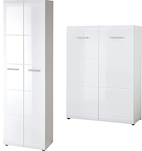 Germania 3577-84 Garderobenschrank mit Hochglanz-Fronten GW-Adana in Weiß, 59 x 197 x 37 cm (BxHxT) & 3524-84 Schuhschrank mit Hochglanz-Fronten GW-Adana in Weiß, 90 x 120 x 36 cm (BxHxT)