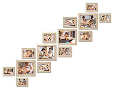 14 Piece Stair Picture Frame Set for Wall Collage –Stairwell Gallery Wall Frame Set –Rustic Stairway Décor for Walls –Wooden Ladder Picture Frames - Farmhouse Staircase Wall Décor(Oak)