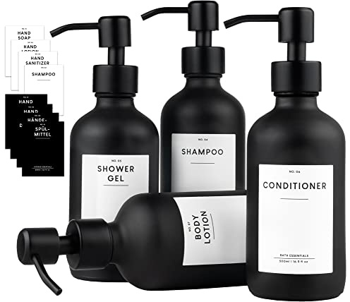 MONOKO 4er Set Seifenspender Schwarz Matt aus Glas | Shampoo Flaschen zum Befüllen | 250ml Spülmittelspender Küche | Spender Pumpkopf Edelstahl | Pumpflasche + Aufkleber