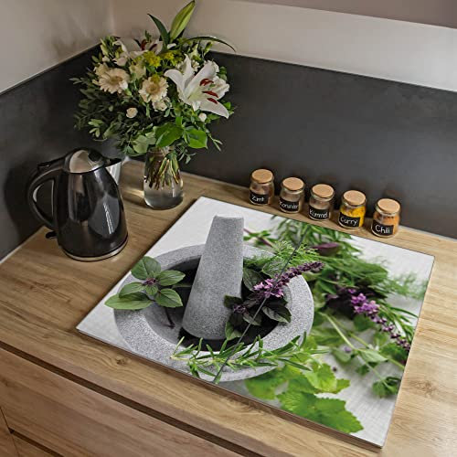 banjado® Herdabdeckplatte Glas 2-teilig 70x52 cm/Schneidebrett Herdabdeckung mit Motiv Kräuter/Herdabdeckplatten Ceranfeld 2teilig / Schneidebrett Glas individuell einsetzbar