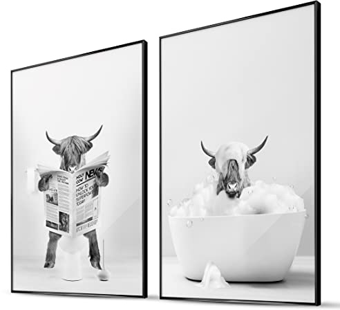BLCKART Edle Hochland Kuh Wandbilder Lustige Badezimmer Deko - 2x DIN A3 - Schwarzweiß Hochlandrind Bilder Bad Deko Poster Set (2x DIN A3 | 29,7 x 42 cm)