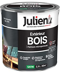 Julien Peinture Bois Microporeux Extérieur Satin - Portes, fenêtres, portails, mobilier de jardin - Gris Anthracite 2,5 L