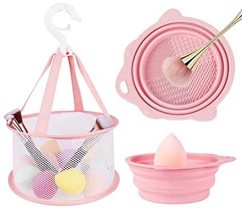 AUAUY 2 Stück Make up Pinsel Reinigung Satz, Reinigungsmatte, Trockennetz | Silikon Pinsel Reinigungsmatte und Hängendes Trockennetz, für Make-up Pinsel, Dreieck Makeup Puderquaste, Make up Schwamm