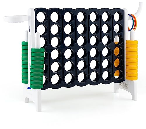 GYMAX Giant 4 in a Row Game, Jumbo Connect 4 Garden Games with 42 Rings, Basketball Hoop, Ring Game & Quick-Release Slider, Outdoor Four in a Row Toys for Kids Adults Family (White)