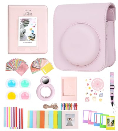 Aisnyho 12-in-1-Zubehör-Set für Fujifilm Instax Mini 12 Sofortbildkamera mit Kameratasche + Fotoalbum & Rahmen + DIY-Aufkleber + Selfie-Objektiv + Wandrahmen + Farbfilter, Rosa - Blossom Pink, 14.5 x