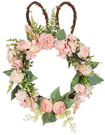 Osterkranz mit Hase Künstliche Ostern Kranz Tür Frühlingsdeko Türkranz Osterkranz Schild für Haustür Osterkranz mit Eiern Kaninchen Kranz die Haustür (Pink, One Size)