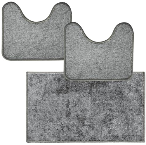 Comart - Set Tappeti Ocean Bagno - Tris Tappetini Bagno: Un Tappeto Rettangolare 45x75 cm + Due Giro Water o Bidet 45x75 cm - Soffici e Morbidi - Sottili e Antiscivolo - Lavabili in Lavatrice - Grigio