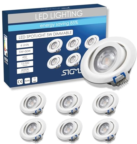 Sigmaled lighting, 6 Faretti Led da Incasso per Cartongesso, 5W Dimmerabili 450lm, Spot a Luce Fredda 6000K, Cucina, Casa, Faretti Led Soffitto per Interno, 220V-240V AC, Faretto con Foro Ø70-80mm