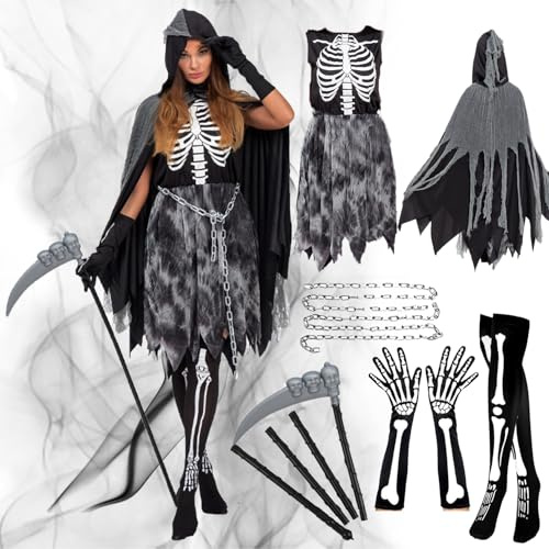 Vestito Morte Bambina, Costume di Triste Mietitore con Vestito, Mantello con Cappuccio, Guanti e Collant Stampati, Catena in Vita e Falce, Costumi Halloween Bambine Paurosi Per Festa In Maschera (L)