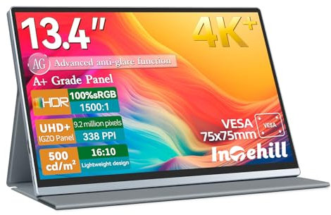 Intehill 4K Portable Monitor 13.4 inch, IGZO Anti-Glare Eye Care Panel, Ultra-High Definition 3840x2400, 16:10, 500 Nits, 1500:1, 100% sRGB, Ultra-light Aluminium, VESA, with Protective Cover