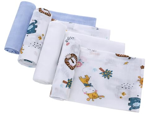 LAT Musselintücher für Babys, 70x80cm 4er Pack Mullwindeln Spucktücher Mulltücher 100% Baumwoll Weich und Atmungsaktiv für Neugeborene Mädchen und Jungen (Elefant+Blau+Weiß)