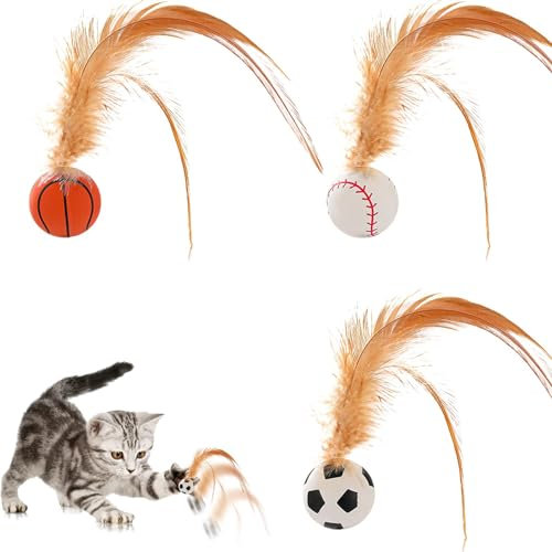 Proypiax Katzen-Federbälle, hüpfender Katzenball mit Feder - 3 Stück Gummi-Katzenspielzeug-Hüpfbälle,Katzenspielzeug, Kätzchen-Beißspielzeug mit Federn für Katzen im Innen- und Außenbereich