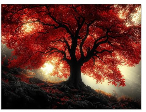BOHUO Albero della vita Grande Stampa su tela, Albero della foresta Quadri su tela Quadri Moderni Poster Decorazioni da parete per Soggiorno - 80x110cm Non incorniciato(Rosso)