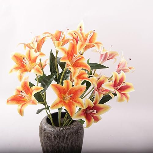 HULUBO 9 têtes de lys artificiels,lys Fleurs artificielles Bouquet en Vrac 55cm/21.6in pour la Table à la Maison Partie Jardin Magasin décoration de Bureau (Couleur Orange)