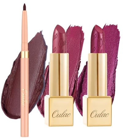OULAC Set de Pintalabios Morado Brillo Metálico y Perfilador, Larga Duración, Barras de Labios de Alta Pigmentación y Cobertura Total, Fórmula Cremosa e Hidratante, Vegan 3PCS