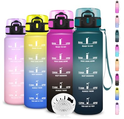 Trinkflasche Sport, Wasserflasche 1l, Trinkflasche Auslaufsicher, Flasche mit Zeitmarkierung, Wasserflasche Kohlensäure Geeignet, Leicht zu Tragen und zu Reinigen, für Fitness, Schule, Büro, Fahhrad
