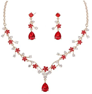 Set med kristallblommigt halsband och örhängen, bröllopssmycken, 35-52 cm kedjelängd, 35 Centimeters, Metall, konstgjord kristall
