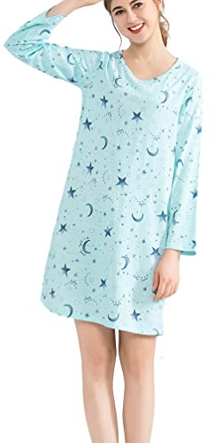 MIA LUCCE Chemise de Nuit Femme Manches Longues Coton Chemises de Nuit Femme Vêtement De Nuit Rond S-3XL