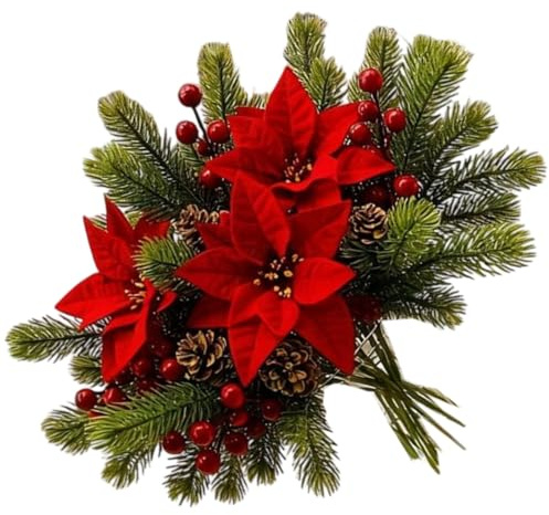 Lot de 5 fleurs de poinsettia artificielles pour extérieur, jardin, porche, terrasse, décoration d'hiver, fleurs artificielles de Noël avec branches de pin et baies
