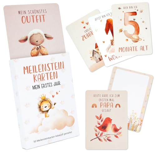 Meilensteinkarten Baby, Baby Monatskarten mit 50 Karten im Boho Stil | Meilenstein Karten Set als Geschenk zur Geburt & Taufe oder Babyparty für Jungen Mädchen