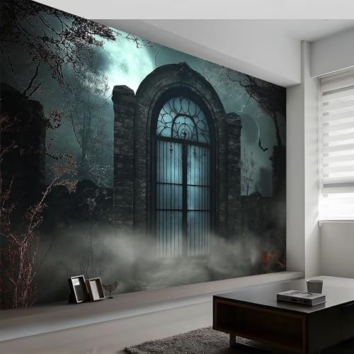 Générique Papier peint intissé noir 350L x 256H cm, Papier peint panoramique style gothique brume lune - grandes poster mural photo pour salon chambre restaurant décor fond TV