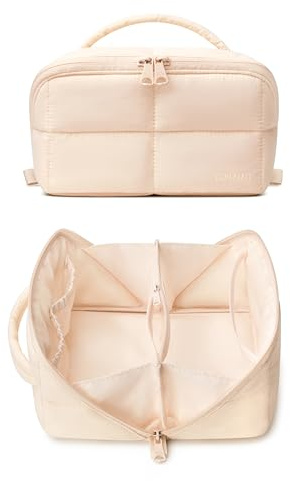 Comfyable Puffy Makeup Bag for Women, Compact Cosmetic Organiser for Girl, Cute Lightweight Travel Pouch, Open Flat Water-Repellent Make Up Bag, Beige