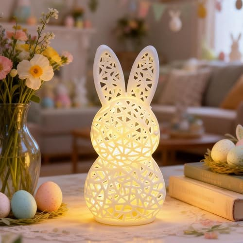 ACAREY Osterdeko 3D Hase Beleuchtet, Ostern Deko Hasen mit LED Licht, Osterhasen Deko Tischdeko Aushöhlen Ornamente, LED Osterdeko Figur Tisch Hase für Osterdekoration Frühlingsdeko Tischdeko (Weiß)