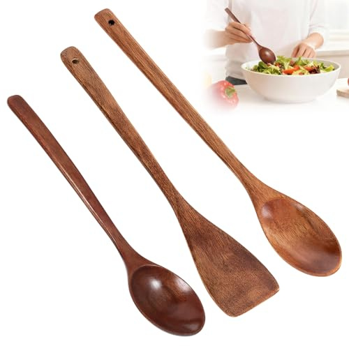3 Pcs Wooden Spoons for Cooking, Long Handle Wooden Cooking Spoons, Wood Kitchen Utensils for Nonstick Pans & Cookware