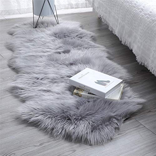 YIHAIC Faux Fur Sheepskin Style Rug,Faux Fleece Fluffy Area Rugs Seat Pad Anti-Skid Yoga Carpet for Living Room Bedroom Sofa Floor (Grey, 60 x 160cm)
