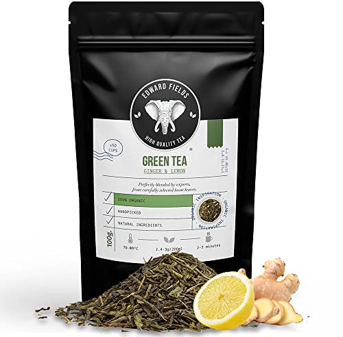 Edward Fields Tea ® - Thé Vert BIO en vrac d'origine unique. Feuilles de thé vert biologique cueilli à la main avec des ingrédients naturels et écologiques, 100g. China (Gingembre et Citron)