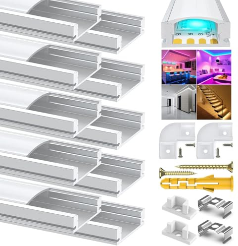 Chesbung U Shape Led Aluminum Channel, 10 Pack 1Meter/3.3ft Aluminum Profile with Milky White Cover, LED Channels and Diffusers with End Caps, Mounting Clips, Corner Connectors for LED Strip Light