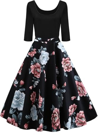 AXOE Women’s Vintage Dress 50s Rockabilly 3/4 Sleeve | Black Stretchy Bodice with Cotton Printed Swing skirt, Suitable for Garden Parties,Retro Events, Romantic Dinner Dates