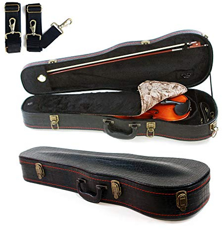 4/4 Geigenkoffer in voller Größe, Hartschalen Violinekoffer aus Holz mit Plüsch-Innenseite mit Hygrometer, Oberfläche aus Kunstleder mit Krokodilmuster Ausbauchtung (Schwarz)