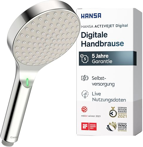 HANSA ACTIVEJET Digital Duschkopf 120mm | Bluetoothfähige Duschbrause mit digitaler Echtzeit LED Anzeige I Wassersparende Duschbrause mit Antikalk Technik I Brausekopf Dusche I G1/2 | Chrom